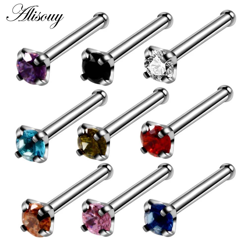 

Alisouy 1PC 20G 2mm Zircon Gem Bone Nose Stud Piercing Earring 9 Color Nose Ring Prong CZ Nose Piercings Jewelry 20g fashion