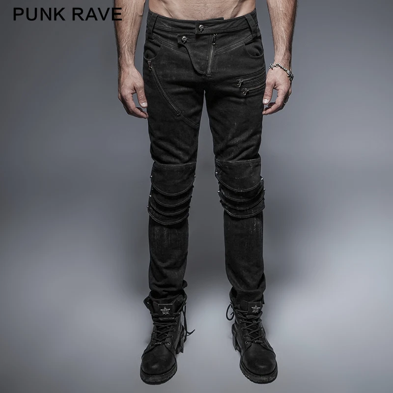 

PUNK RAVE Punk Rock Visual Kei Black Long Pants Zipper Decoration Trousers Fashion Casual Fitted Armor Knee Man Jeans