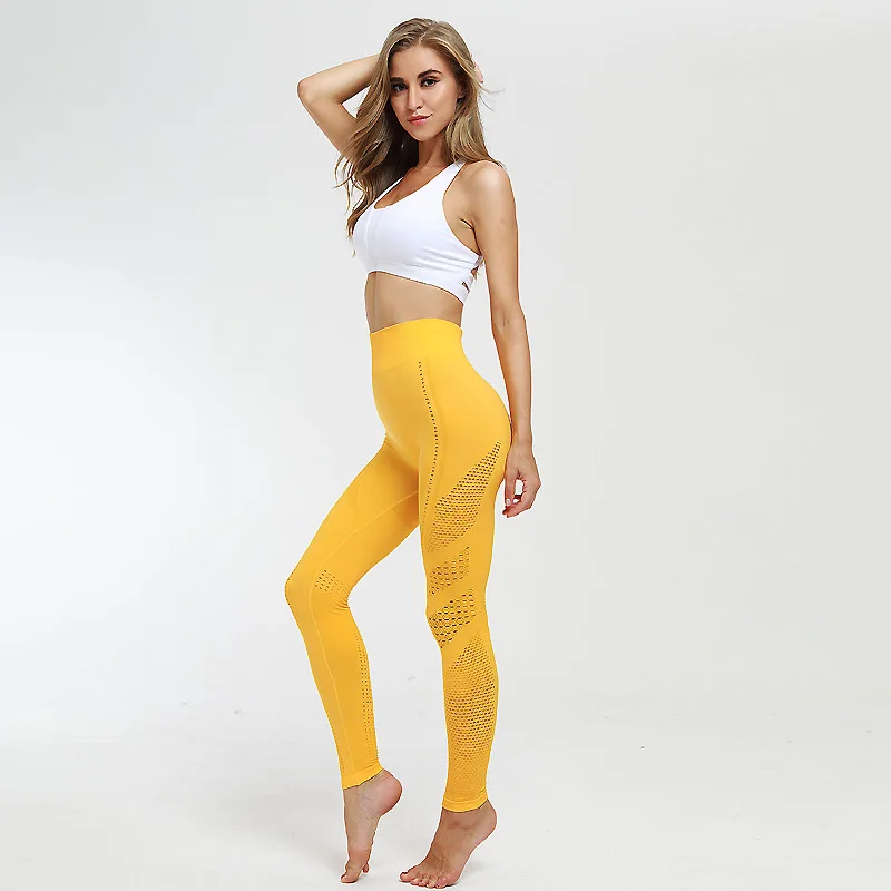 SVOKOR kadın dikişsiz örme tayt kalça çözgü gözenekli nem emme ve terleme spor spor Legging seksi Set