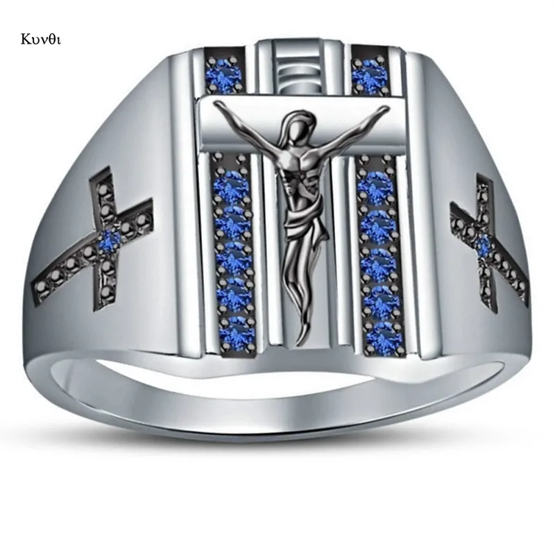 Exquisite Sliver Plated Band Ring For Women Men Unique Blue Christian ...