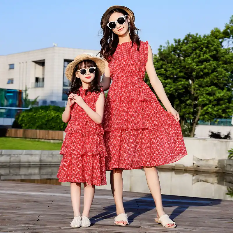 Maman Et Bebe Mere Enfants Mere Fille Robes Rouge Mariage Anniversaire Vetements Famille Correspondant Tenues En Mousseline De Soie Dot Robe Femmes Aliexpress
