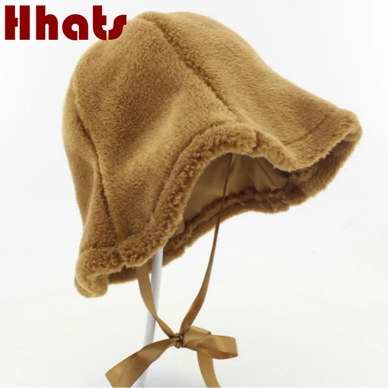 Fleece Winter Bucket Hat With String Solid Thickened Warm