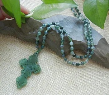 

Pure manual sculpture green cross pendant with double color round pearl necklace Charm men and women with