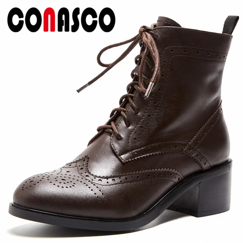 

CONASCO Fashion Brand Women Motorcycle Boots High Heels Lace Up Genuine Leather Short Basic Boots Retro Winter Shoes Woman