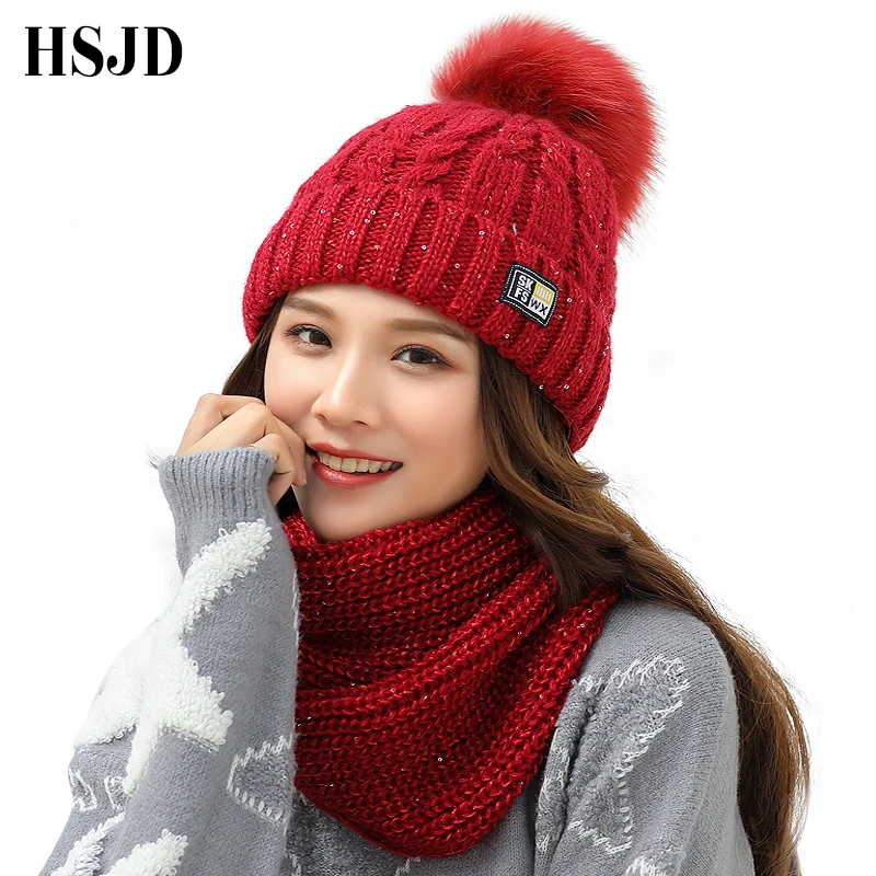 

2018 New Sequins Knitted Hats Scarf Set Women's Winter Hat With Pom pom Thick Female Knitting Skullies Beanies Girl Warm Hat