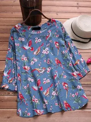 Large size women's shirt cotton and linen printed plus size 5XL 6XL 7XL 8XL 9XL summer round neck long sleeve loose white top - Цвет: picture color