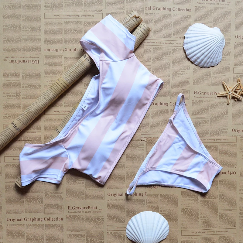 

Short Sleeve Stripe Sport Bikini Women Swimwear Female Swimsuit Two-pieces Bikinis Set Swim Mid Waist Bathing Suit 2019 New