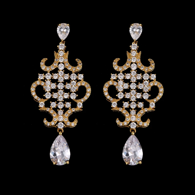 

Classic Luxury Big Large Drop Crystal with Tiny CZ Drop Earrings Sparking Gold color Lacework Earrrings For women Gifts E-109