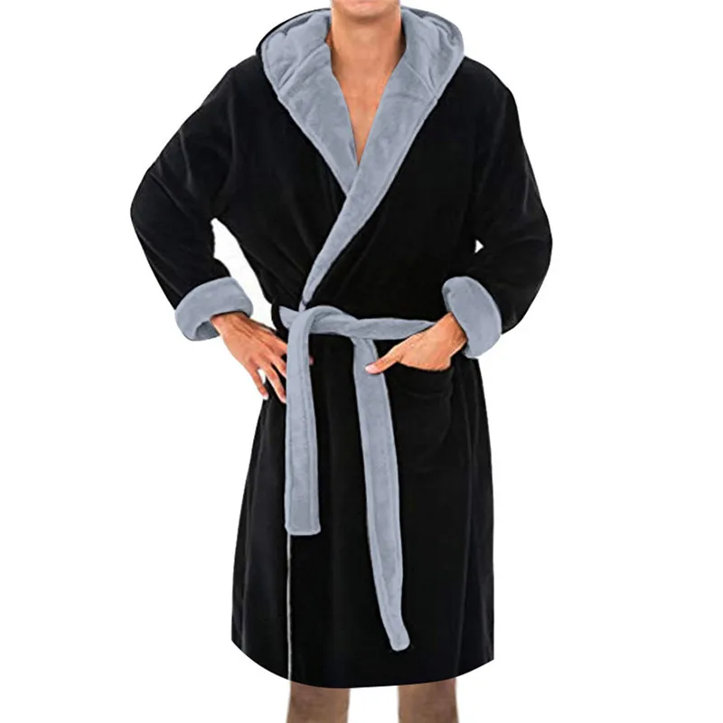 Men/'s Winter Plush Lengthened Shawl Bathrobe Home Clothes Long Sleeved Robe Coat