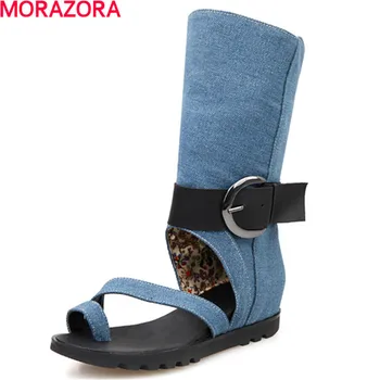 

MORAZORA hot sale Top quality leisure buckle cloth shoes high 2cm +4cm square heels shoes open toed women sandals summer shoes