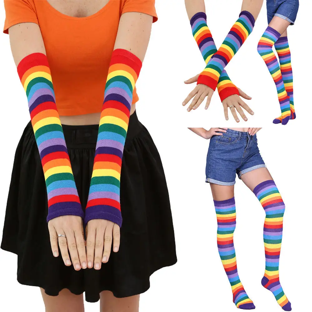 New Fashion Women Girl Rainbow Stripe Thigh High Stockings Rainbow Arm