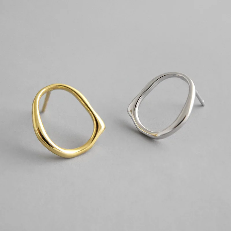 

13.9MM*12MM 1PAIR minimalist Authentic 925 Sterling Silver Smooth Irregular Geometric Circle Stud Earrings TLE573