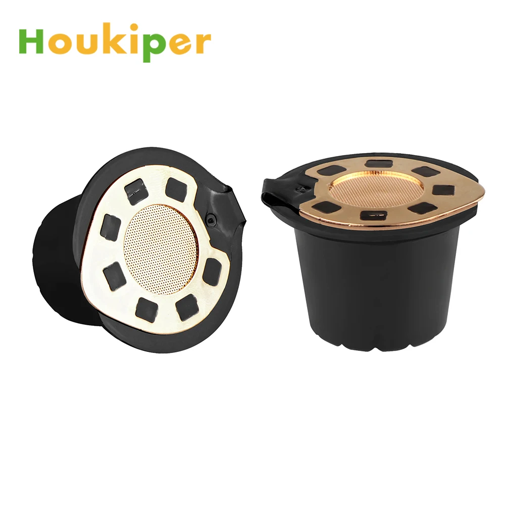 

Houkiper 2pcs Golden Refillable Reusable Coffee Capsule Filter Support for Nespresso Sweet Taste Capsules with Coffee Spoon