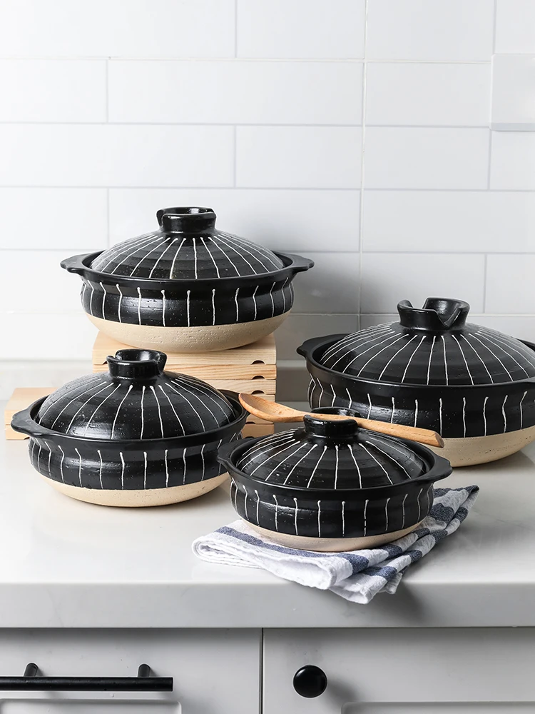 

Japanese retro black pottery clay casseroles household heat-resistant saucepan soup hot pot bellied stew cooking ceramic pan