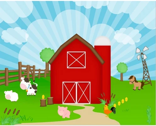 5 X7Ft Cartoon Clouds Sky Red Barn Farm Green Barnyard Fence Animali Custom Photo Studio Sfondo Sfondo Vinile 220Cm X 150Cm