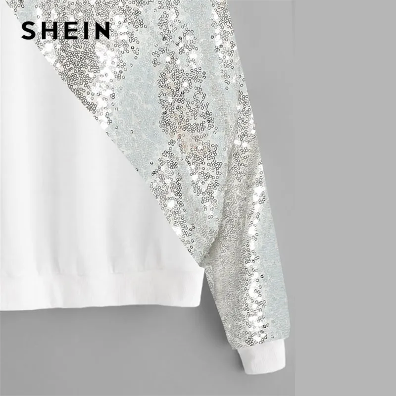 SHEIN Плюс Размеры Свитшот Со Блестками С Заниженной Линией Плеч Женская Белая Гламурная Толстовка С Длинными Рукавами