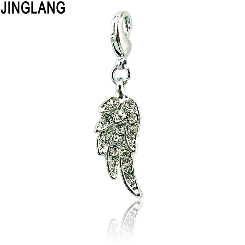 

JINGLANG Brand Top Selling High Quality Metal Silver Rhinestone Wing Lobster Clasp Charm for Bracelet or Necklace Accessories