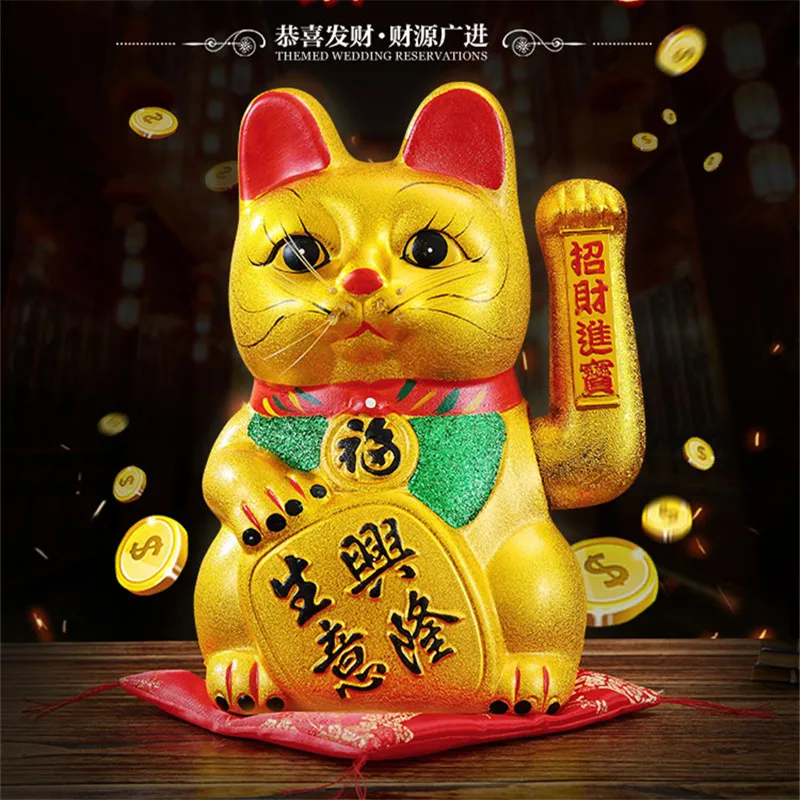 Большой 17 дюймов золото керамика Lucky Cat статуэтки Фен Шуй богатство украшения электрический махать трясущимися руками украшения дома аксессуары