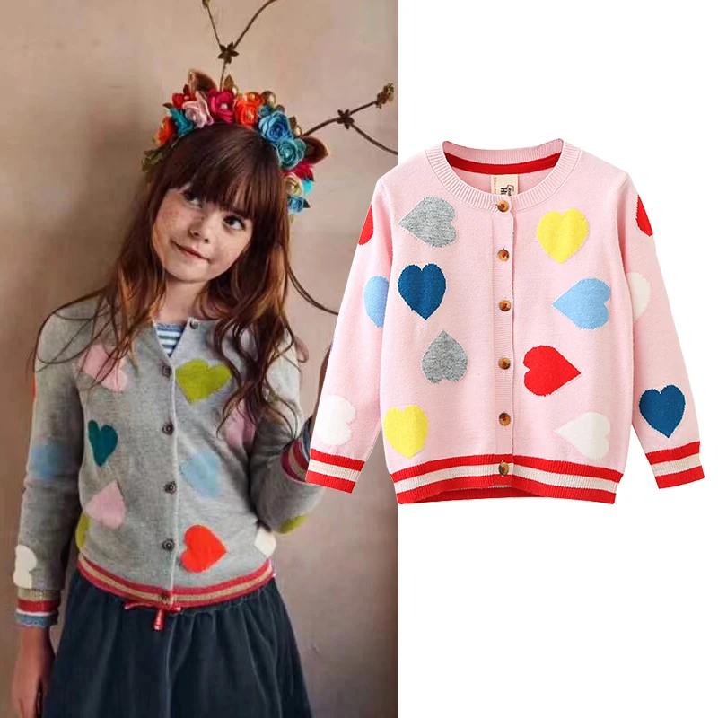 

Spring autumn rainbow color heart dobby jacquard girls cardigan kids knitwear children coat baby outwear 90-136cm