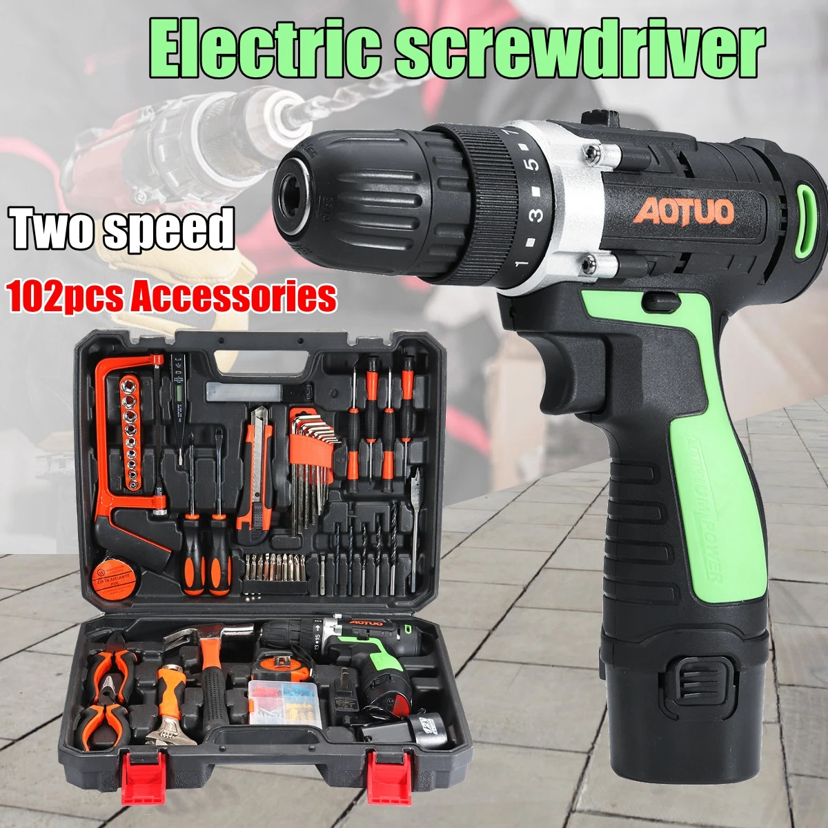 

Portable 108Pcs/Set 12V Electric Screwdriver Cordless Drill Driver Power Tool LED Light with 2 x Battery for Wood Metalworking