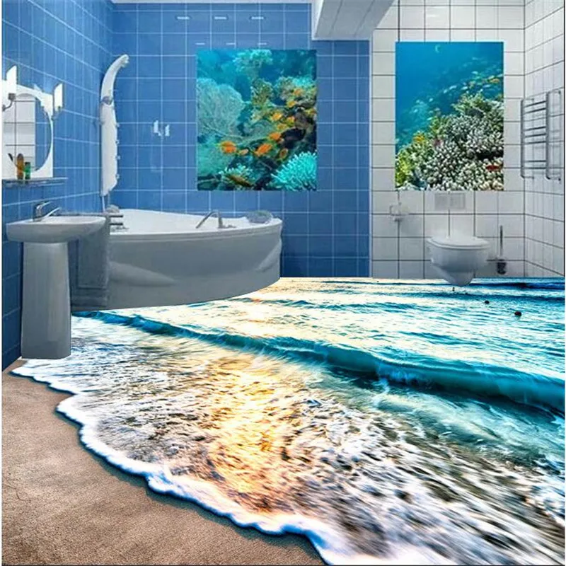 

Modern 3D floor painting mural Beach blue sea water ripples non-slip waterproof thickened self-adhesive PVC floor Wallpaper roll