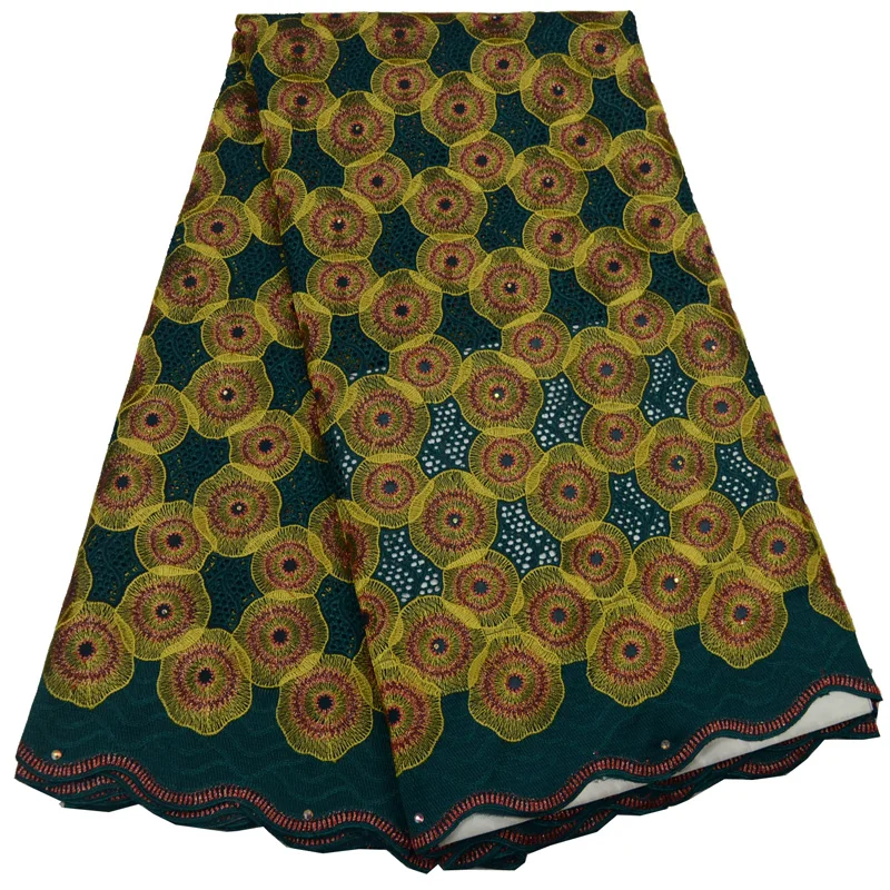 

Free shipping (5yards/pc) latest design African dry cotton lace fabric deep green yellow with embroidery for party dress CLP835