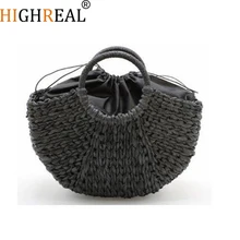HIGHREAL New Handmade Bag Women Pompon Beach Weaving Ladies Straw Bag Wrapped Beach Bag Moon Shaped Bag