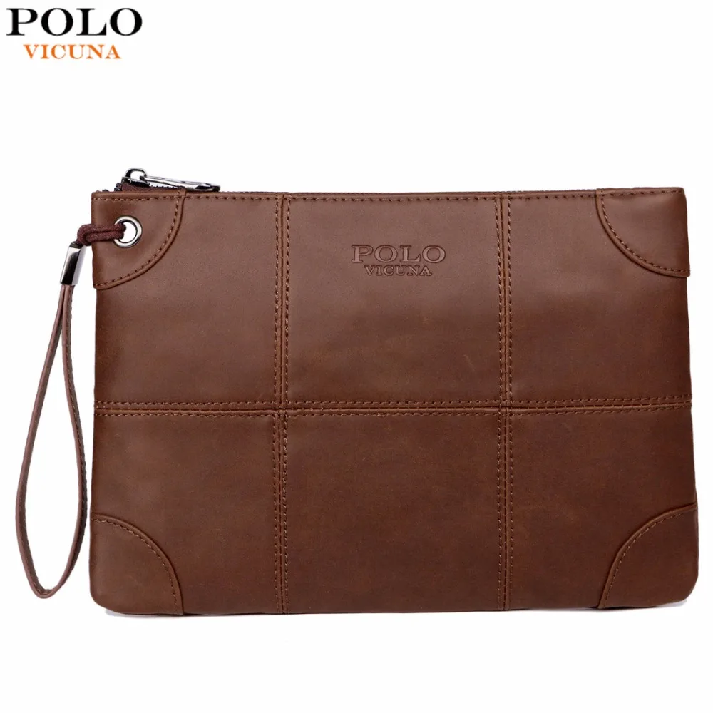 

VICUNA POLO Business Leather Mens Clutch Wallet With Belt Brand Big Size High Quality Leather Clutch Handbag Has Back Pocket