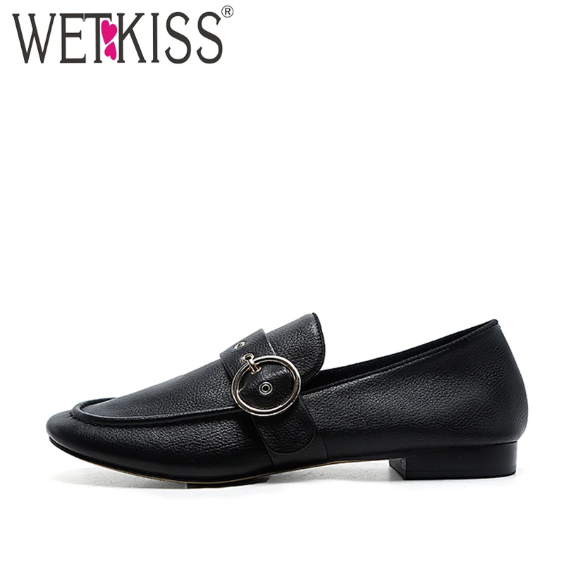 

WETKISS Spring Shoes Casual Woman 2019 Fashion Buckle Strap Flats Square Toe Footwear Cow Leather Female Loafers Shoes Mules