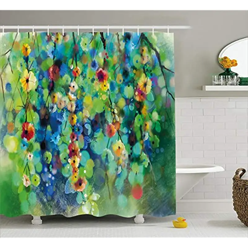 

Vixm Watercolor Flower Home Decor Shower Curtain Vibrant Blooms Clusters down from Branch Spring Season Fabric Bath Curtains