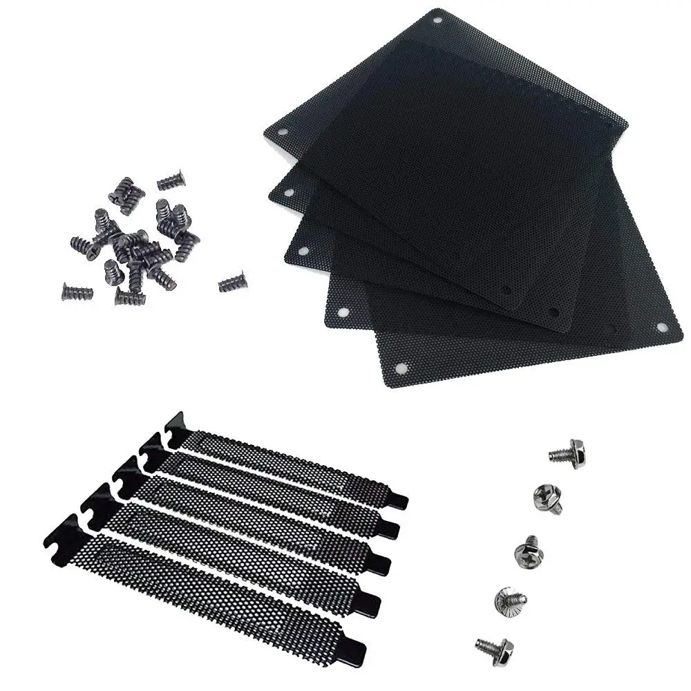 

5pc12mm PVC Computer PC Cooler Fan Filter Dustproof Case Black Cover Mesh pack + 5pc Dust Filter Plate Blanking PCI Slot Cover