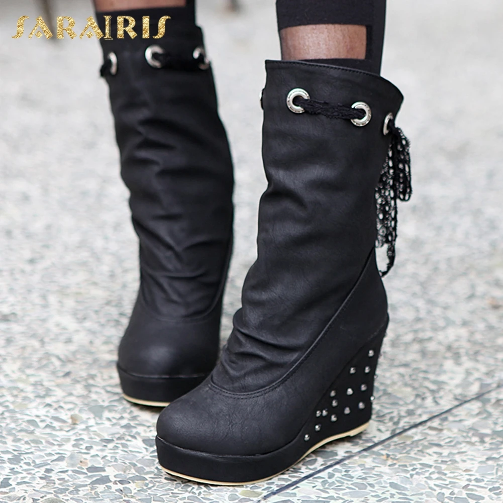 

SARAIRIS 2018 Big Size 34-40 Slip On Women Shoes New Arrivals Mid Calf Boots Woman Wedge Heels Winter Boots Woman