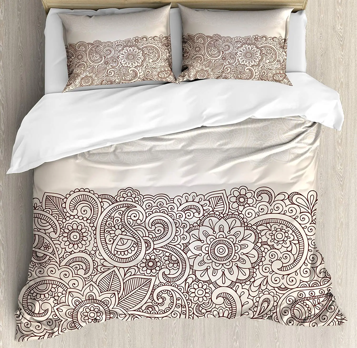 

Henna Duvet Cover Set Queen Size Complex Design Mala Paisley Nature Inspired Traditional Victorian Revival Bedding Set Brown