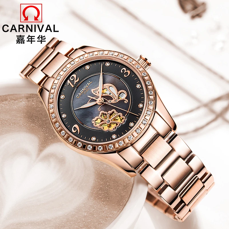 Швейцарские карнавальные женские часы, роскошные Брендовые женские автоматические механические часы, женские водонепроницаемые часы C8009L