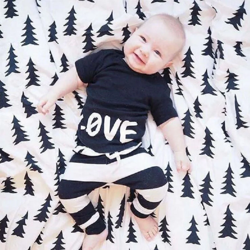 Infant Baby Clothing Sets boy clothes set kids  Spring Autumn Outfits Set black love shirt +Black and white striped pants