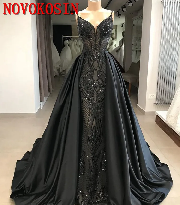 

2019 Real Sample Detachable Train Mermaid Evening Dress Spaghetti Strap Sequin Lace Formal Arabic Party Gown robe de soiree