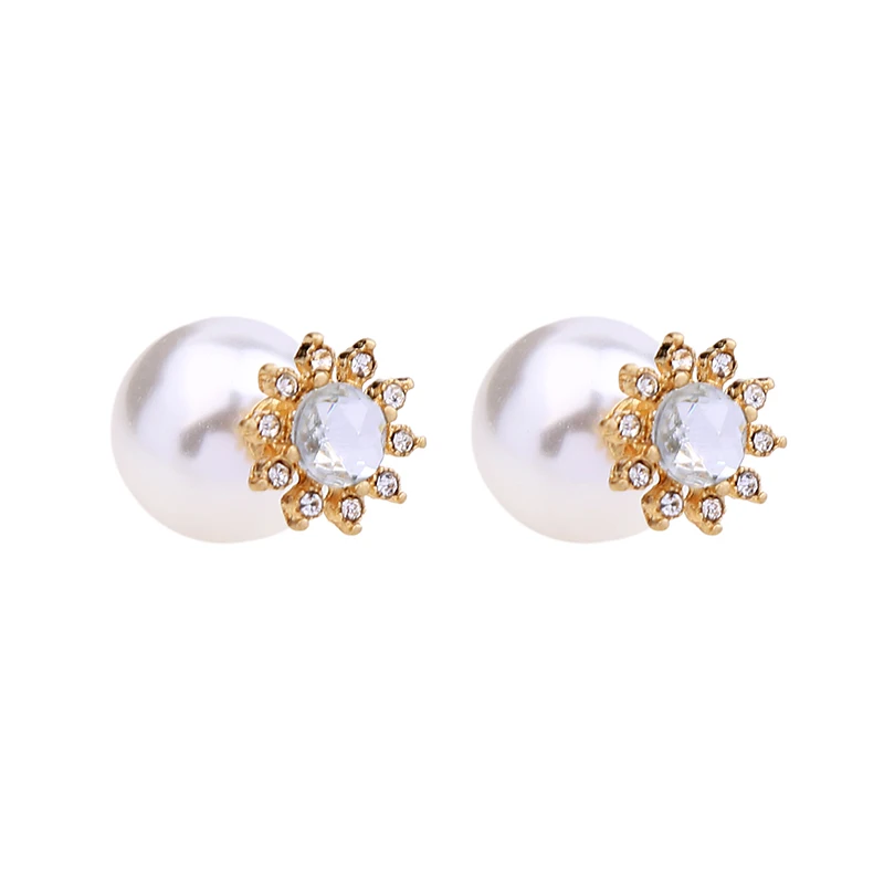 Женские серьги гвоздики с кристаллами и цветком жемчугом|earring stud women|double sidedearrings |