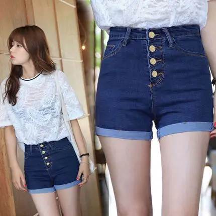 

2019 College Winds Fashion Feminino 4 Buttons High Waist Retro Solid Color Slim Elastic Short Jeans Blue Fitness Denim Shorts