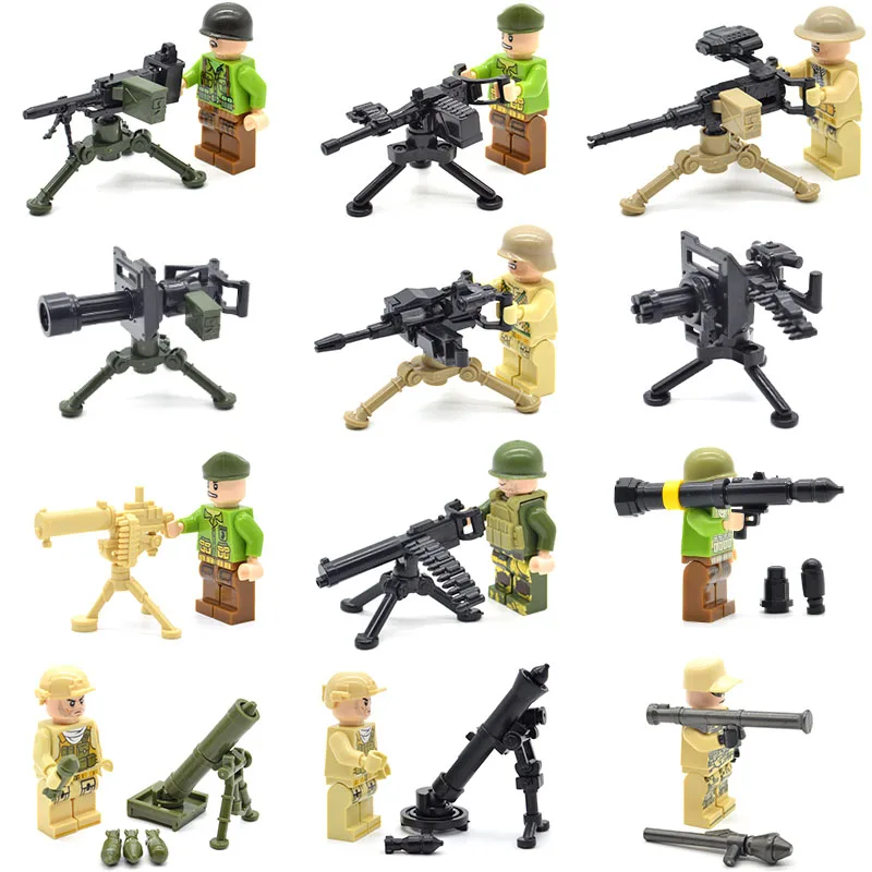 

Modern WW2 Gatling Machine Guns Military Soldiers Blocks Heavy Weapons Bazooka RPG Mortar Building Bricks Toys for Children