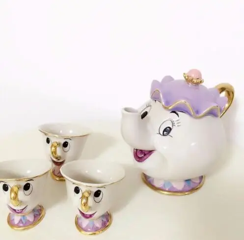 Чайный набор с героями мультфильмов Красавица и чудовище, Mrs Potts, чайный горшок, чашка с чипом, сахарница, набор кофейников, чайник, подарок на день рождения, Рождество - Цвет: Светло-желтый