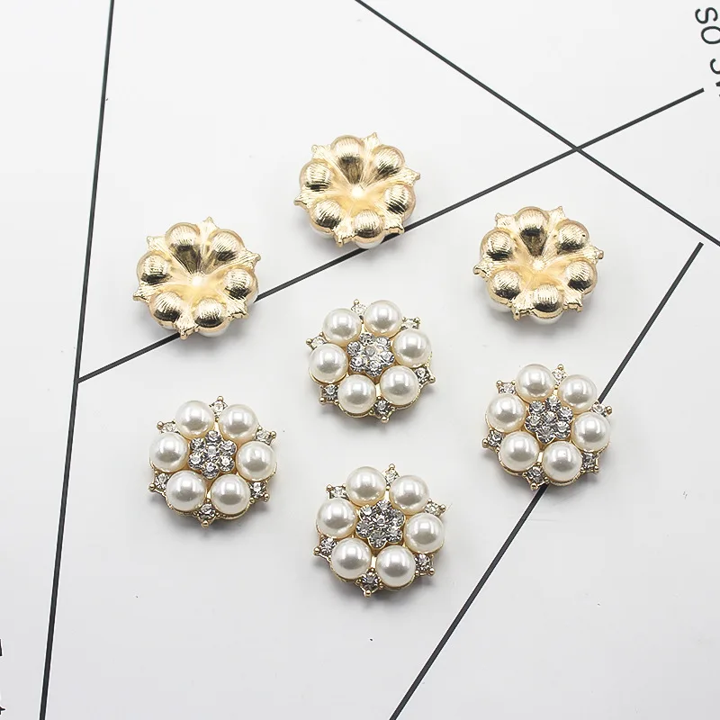 

10pcs/lot DIY Alloy Crystal Bow Accessories Three Color 25mm Flower Rhinestones Buttons Pearl Button Wedding Decoration JA001