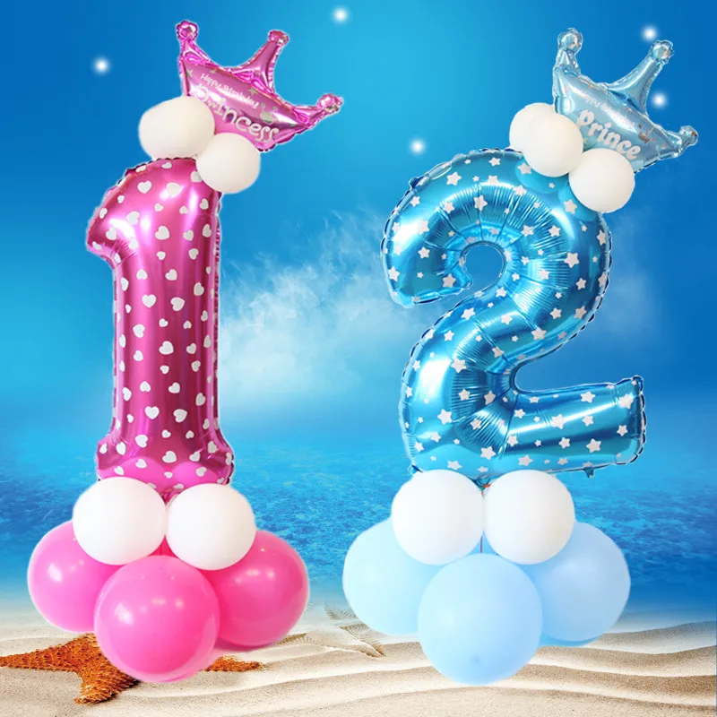 Розовые воздушные шары с цифрами, шары из фольги с короной, вечерние украшения для мальчиков и девочек, украшения для детского дня рождения, украшения для вечеринки, голубые шары с цифрами