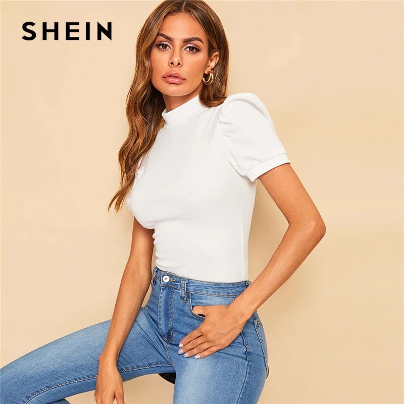  SHEIN Office Lady White Mock-neck Puff Sleeve Solid Top T Shirt Summer Solid Basic Short Puff Sleev