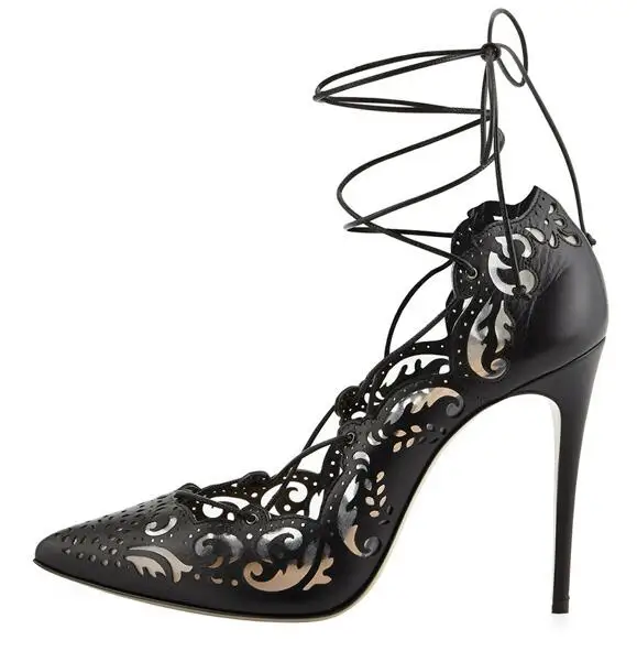 Carollabelly/пикантные женские римские сандалии-гладиаторы; прозрачная обувь; ажурная обувь с перекрестной шнуровкой на щиколотке; высокий тонкий каблук 12 см - Цвет: black