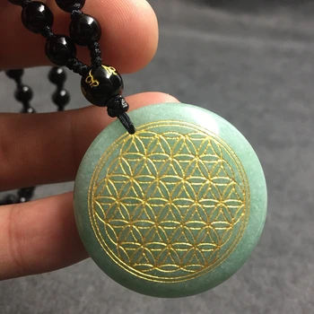 

Fashion Natural Fashion Aventurine Carved Flower Of Life Gold Line With Rope Chain Necklace For Healing Wholesale Best Selling