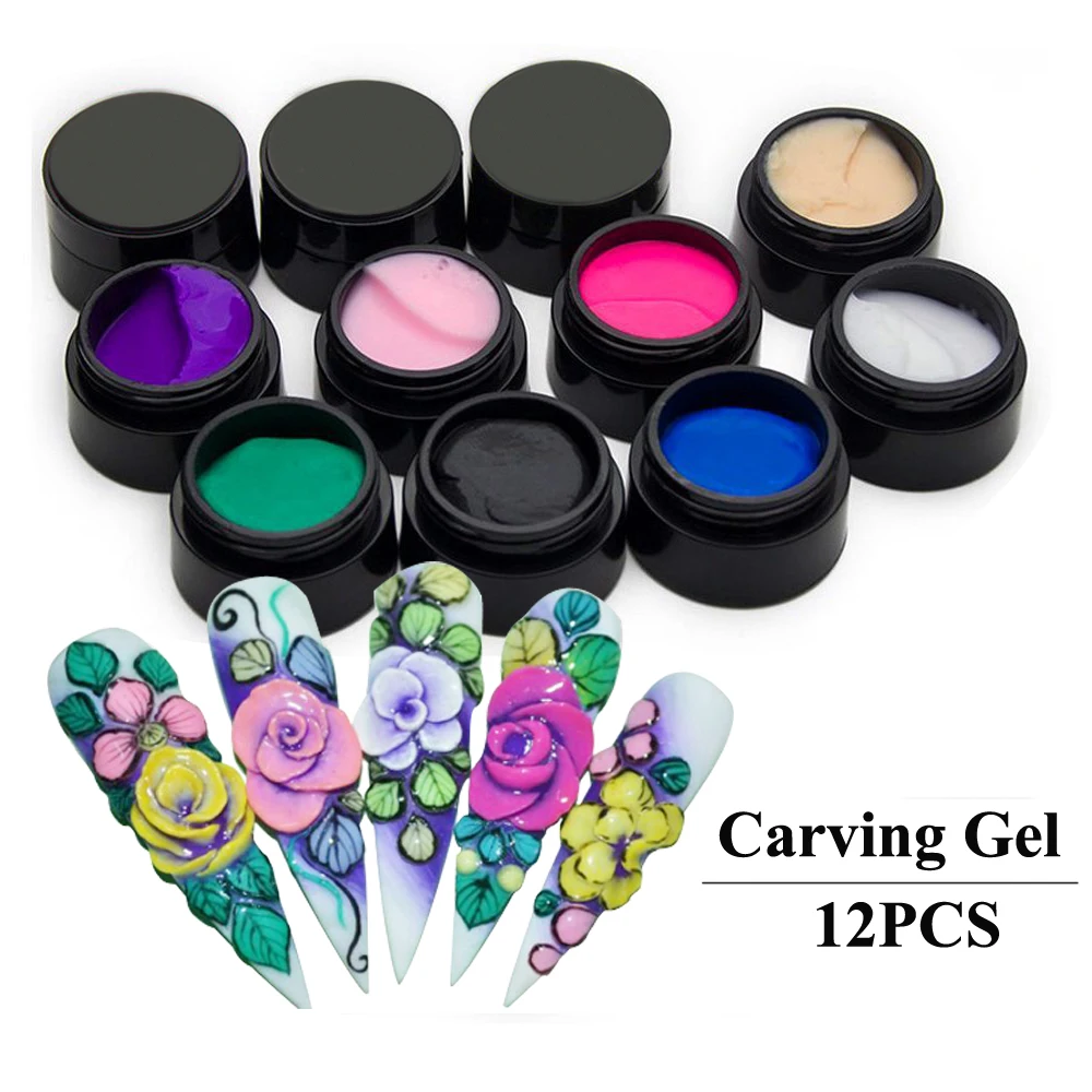 

12 Colour Nail Art Glue 3D Sculpture Carved Glitter Painting UV Gel Acrylic Modelling Manicure Decor Manicure Tools