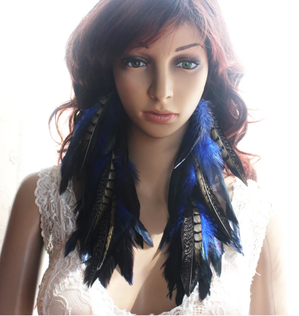 43b-7 Natural Navy blue Feather Earrings Jewelry 1 pair length 28-31cm | Украшения и аксессуары