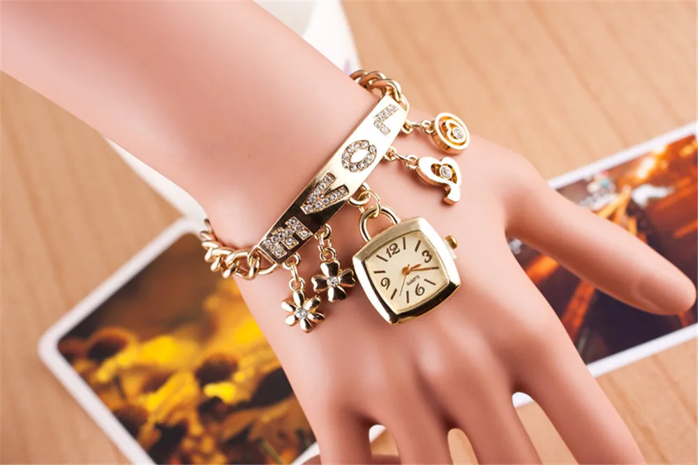 

Gold And Silver Plated Bee My LOVE Charm Flower Heart Pendant Unique Women Bracelet Square Watch GirlFriend Best Gift JewelsZB17