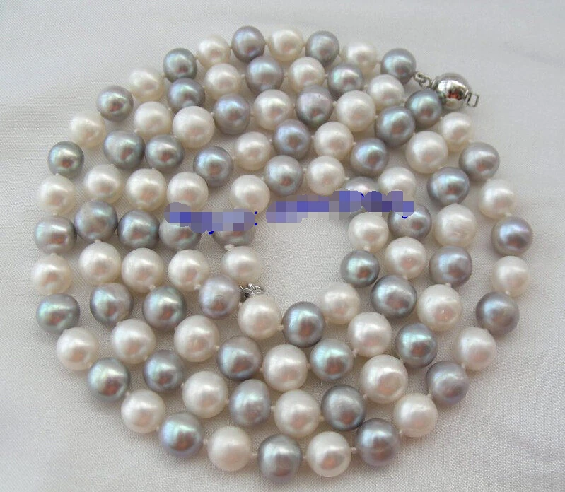 

fastSUPER long 32" 8mm round white gray freshwater cultured pearl necklace d191 AAA
