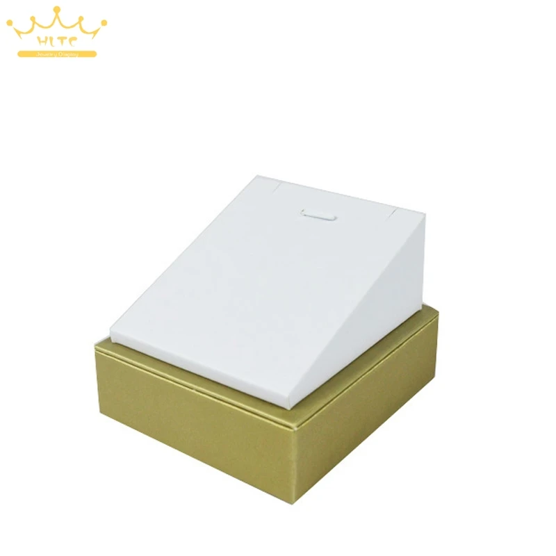 

Jewelry Display Pendant Stand Necklace Holder Window Show Cases Gold And White PU Leatherette 8x9x6.5cm